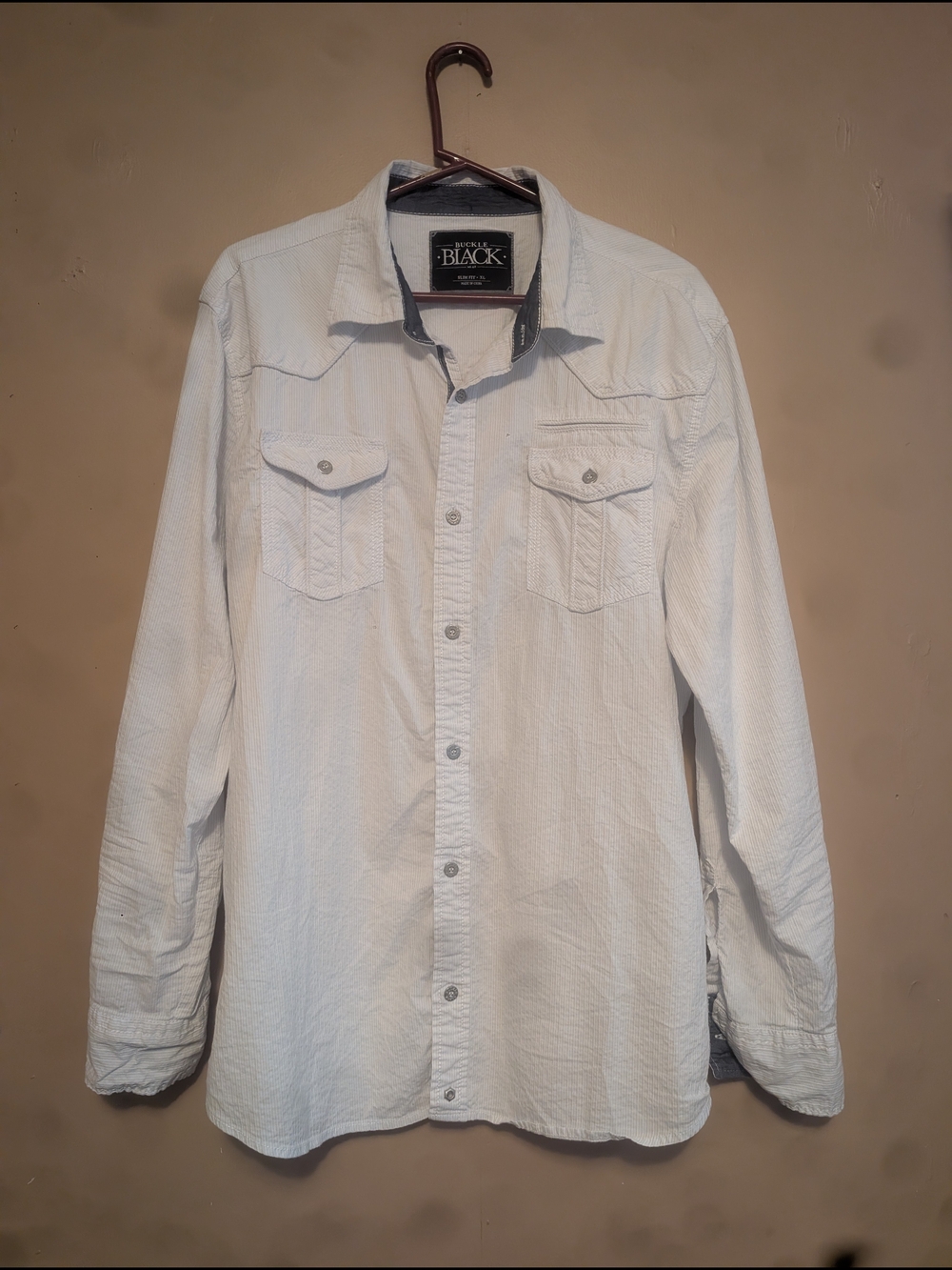 Black Buckle White Casual Button-Down Shirt with Chest Pockets